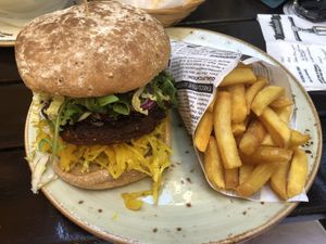 The Fleixit burger with fries at Stadtwirtschaft Freiberg in Freiberg Saxony