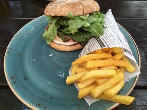 Veggie burger + french fries at Stadtwirtschaft Freiberg in Freiberg Saxony