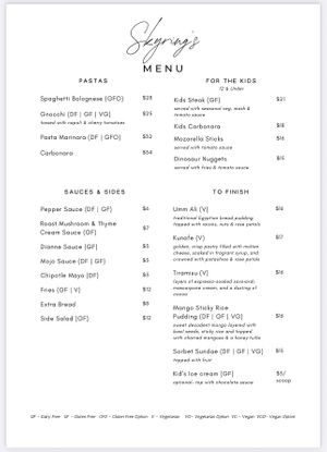 VG and VGO for vegan and vegan options   at Skyring's Restaurant and Bar in Rockhampton