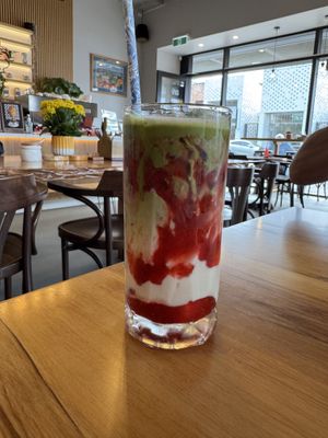 iced oat strawberry matcha   at Avodi Vegetarian & Cafe in Auckland