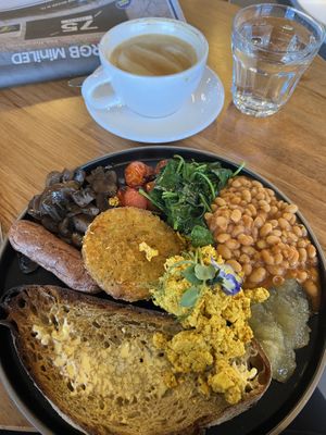 Avodi big breakfast and oat flat white  at Avodi Vegetarian & Cafe in Auckland