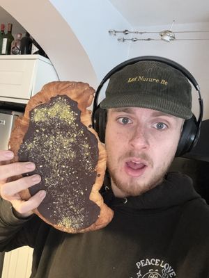Flat Chocolate Pistachio Croissant The Size Of My Head.   at BEK Sourdough Bakery in Gosport