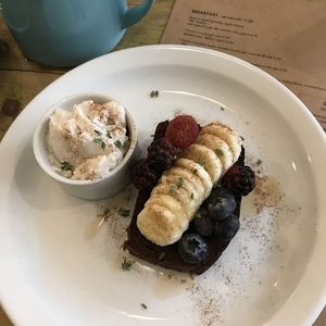 banana bread & cashew cream. at Southsea Coffee - Osborne Rd in Portsmouth