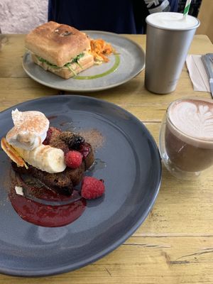 Banana bread with cashew cream and oat milk hot chocolate at Southsea Coffee - Osborne Rd in Portsmouth