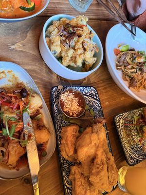 Aubergine fries in salt and pepper, fried aubergine in a sweet sauce, fried tofu with a sweet chilli peanut saucee  at THAI BAAN Thai street food in Chester