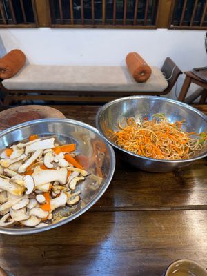 Prepped stir fry veggies and banana salad at Rose Kitchen in Hà Nội