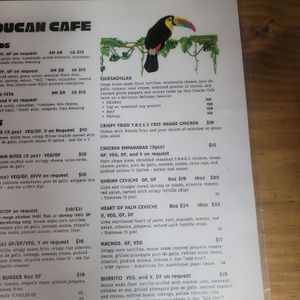 Menu at Toucan Cafe in Stann Creek District