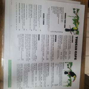 Menu at Toucan Cafe in Stann Creek District