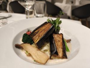 Dinner on the second night; roasted veggies with tahini cream sauce. Before that they served a lovely pumpkin soup, but it wasn't as  interesting to photograph. at Restaurant Tausend93 Im Seehotel Maria Laach in Rheinland-pfalz