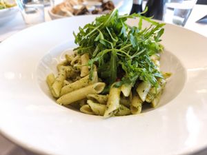 Lunch on day two; simple but really good pesto pasta with roasted veggies. at Restaurant Tausend93 Im Seehotel Maria Laach in Rheinland-pfalz