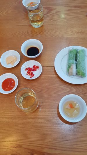 Gổi cuốn (has vegan sausage inside) with several dipping sauces at Thien Truc in Hai Duong