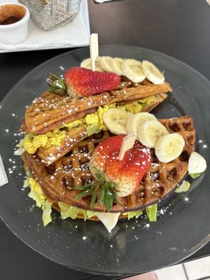 Waffle sandwich with tofu scrambleed eggs  at Rinconcito Vegano in Bayamon