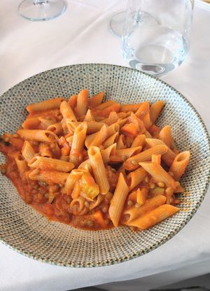 Vegan lentil vegetable teff pasta at Ristorante La Madonnina di Barni in Lombardia
