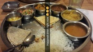 Soup, potatoes, lentils, mixed veggies, veggie salad (tomatoes, onions, cucumber) and an apple chutney at Vatica Indian Restaurant in Marietta