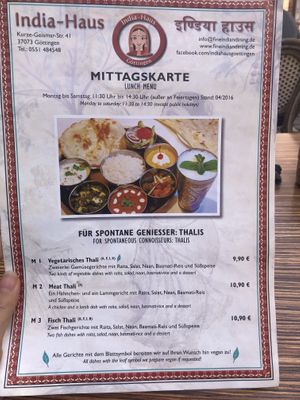 Menu  at India Haus in Gottingen