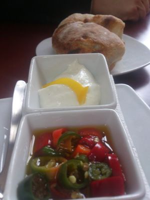 Hot! chili peppers in oil on the house! at Holzofenpizza Engel in Frankfurt