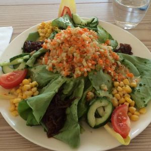 vegan salad (comes with rice and fruit) - €13 at Cafe Mudam in Luxembourg City