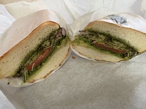 Sandwich with veggies and pesto  at Mendocino Market  in Mendocino