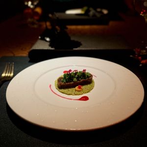 Boletus with green millet  at BODAI Vegetarian NYC in New York City