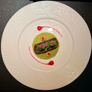 Boletus with green millet  at BODAI Vegetarian NYC in New York City