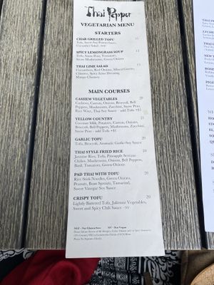 Vegetarian menu  at Thai Pepper in Ashland