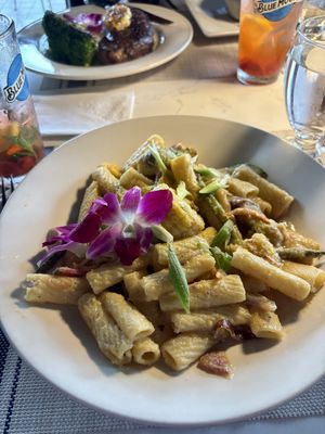 “Farm-2-Table Special”: Rigatoni pasta with vegan alfredo sauce, and seasonal vegetables  at The Steer in Buffalo