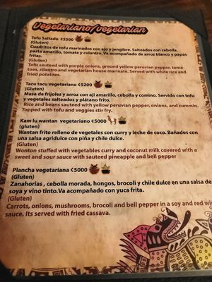 Menu at Chifa La Familia Feliz in La Fortuna