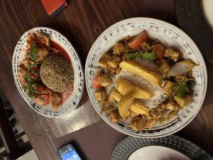 Tofu Saltado and Wontons   at Chifa La Familia Feliz in La Fortuna