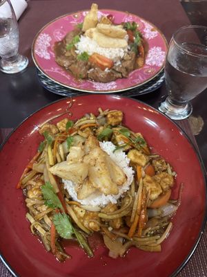Tofu saltado & friend’s meat dish  at Chifa La Familia Feliz in La Fortuna