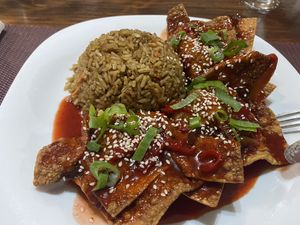 Rice with wontons in sweet & sour sauce  at Chifa La Familia Feliz in La Fortuna