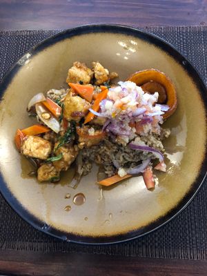 Tacu tacu vegetariano (tofu tasted like sweet and sour chicken) at Chifa La Familia Feliz in La Fortuna