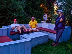 Hanging out outside of Strandgut after our meal. at Strandgut in Bad Schandau