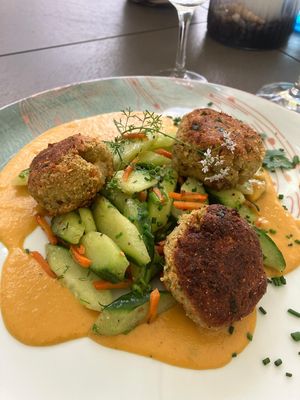 Falafelbratling / geschmorte Gurken / Erdnuss-Karottensoße   at Strandgut in Bad Schandau