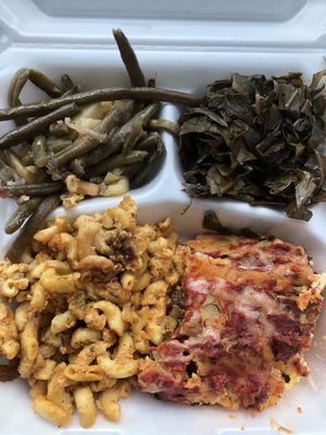 Green beans with potatoes, greens, Mac n ‘cheese’, with vegan lasagna  at Back to Edenz in Macon