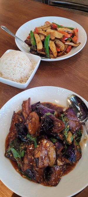 Eggplant in garlic sauce, coconut rice, lemongrass tofu at Chef Burma in Sacramento