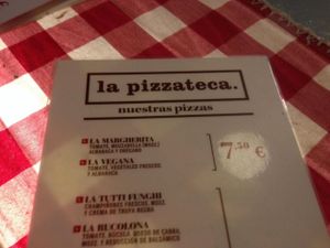 Most of the pizzas on the menu have meat & cheese though is understand try will make one to order.  The do have one vegan pizza listed on the menu though!! at La Pizzateca in Madrid