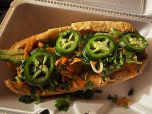 Vegan Banh Mi, with tofu, avocados, carrots, jalapenos, cilantro, etc.  Delicious!! at Saigon On Main in Rocky Mount