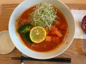 Tomato ramen at MERCY Vegan Ramen in Osaka