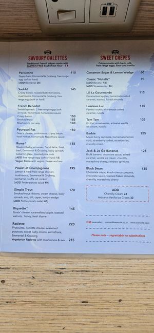 Menu at Swan Café in Cape Town