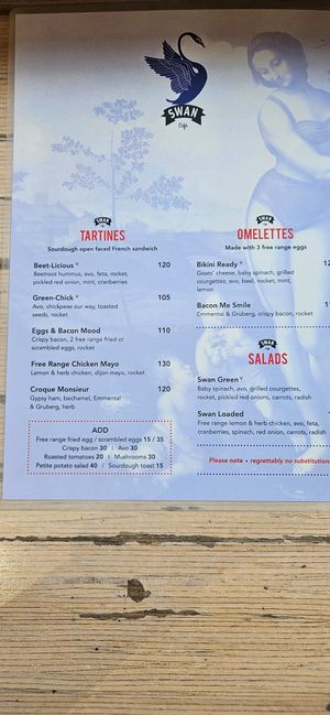 Menu at Swan Café in Cape Town