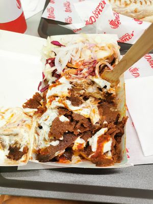 Vegan doner box (fully loaded with lots of fries underneath) at Great British Doner in Manchester