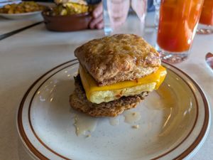 Sausage egg and cheese biscuit with hot honey (a special) at Street Beet in Detroit