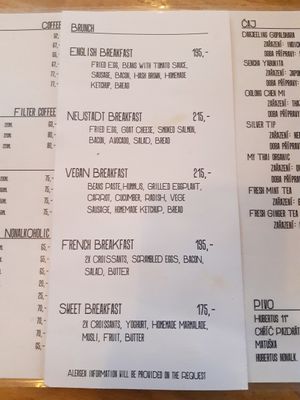 Breakfast menu at Cafe Neustadt in Prague