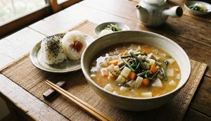 Enjoy a comforting plant-based meal featuring local Japanese regional dishes, including handmade rice balls and hearty vegetable soup. at BASAMA's Kitchen in Tsuruta