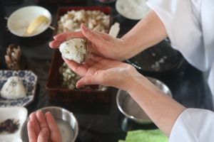 Then, with rice sticking to your hands, we will make onigiri rice balls together. at BASAMA's Kitchen in Tsuruta