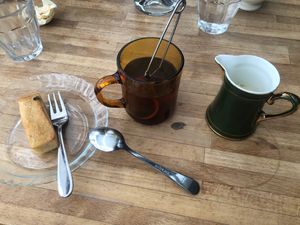 A tea with sufficient oat milk for an Englishman hooray! at Sering Centraal in Amsterdam