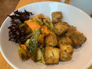 Brussels sprouts and sweet potato salad with tofu at Good Food Mac in Mcminnville