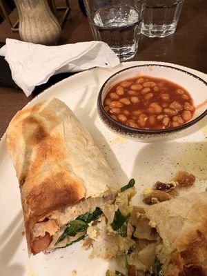 English breakfast with scrambled tofu vegan sausage sun dried tomatoes mayo and homemade beans   at San Domenico Caffe in Kosice