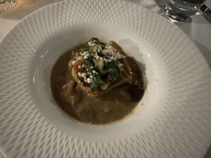 Sliced bread dumplings with porcini cream, spinach, horseradish  at Restaurant Stella Freiburg in Freiburg