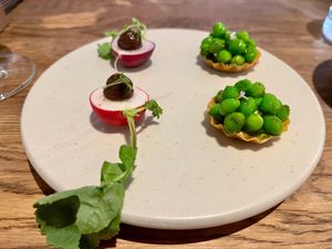 Amuses 

Radish - Mustard leaf - Black garlic

Pea - Almond - Lovage

(Menu april 2026) at Dirt.  in Ghent